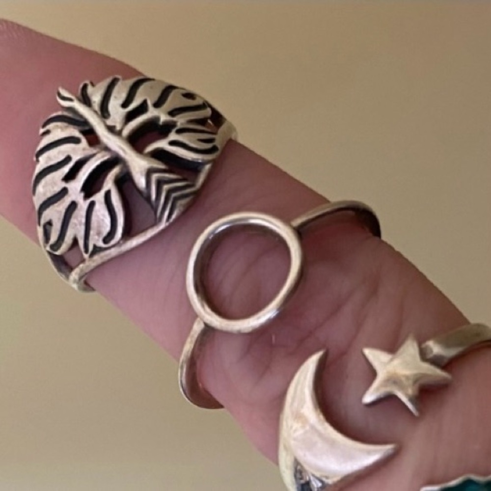 Sterling Silver Moon & Leaf Stackable Ring Set - Silver